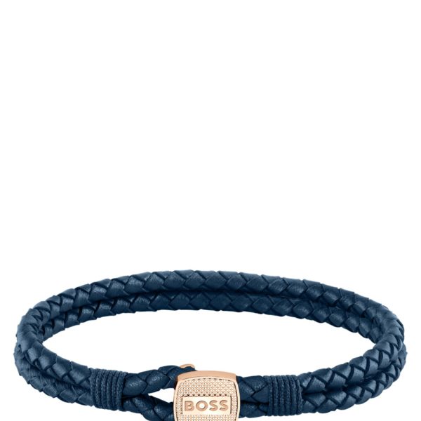Bracelet en cuir tressé bleu avec fermeture dorée – Hugo Boss