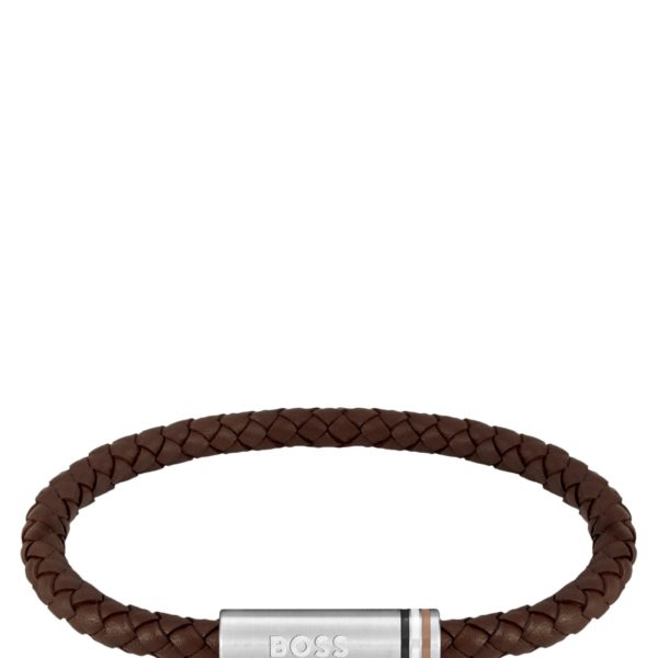 Bracelet marron en cuir tressé avec fermoir magnétique logoté – Hugo Boss