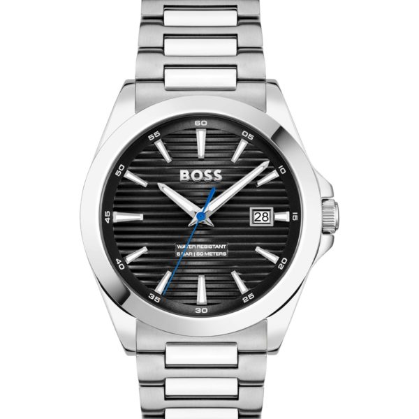 Montre argentée à cadran rainuré noir – Hugo Boss