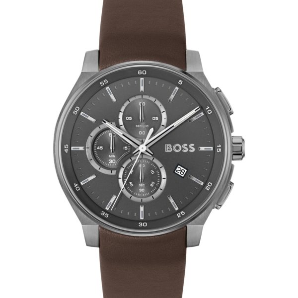 Montre chronographe en acier plaqué gris avec bracelet en cuir – Hugo Boss