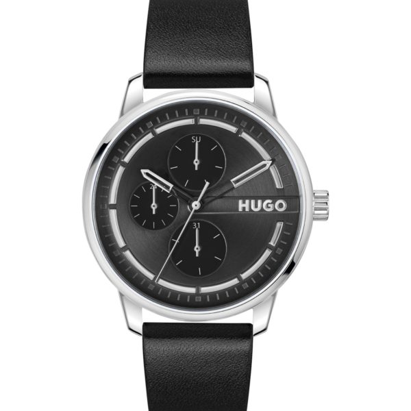 Montre en acier inoxydable à cadran et bracelet en cuir noirs – Hugo Boss