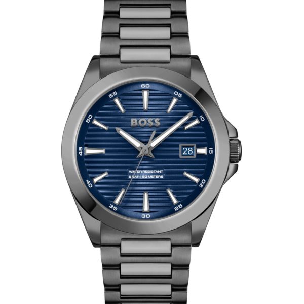 Montre en acier plaqué gris à cadran bleu rainuré – Hugo Boss