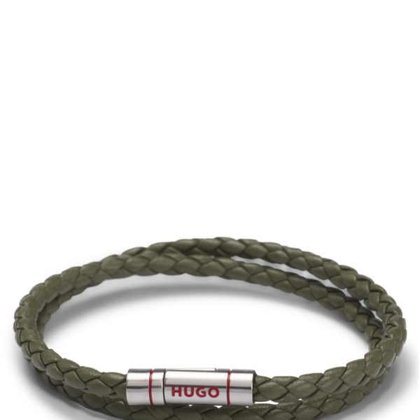 Bracelet double tour en cuir tressé avec fermeture logotée – Hugo Boss