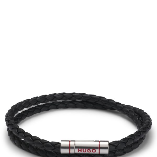 Bracelet double tour en cuir tressé avec fermeture logotée – Hugo Boss