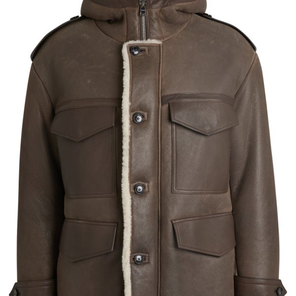 Hugo Boss Manteau à capuche Regular en cuir de mouton avec poches plaquées