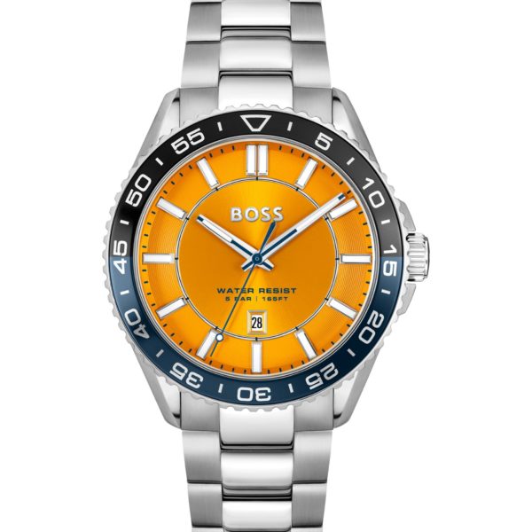 Montre argentée à cadran orange et lunette rotative – Hugo Boss