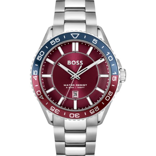 Montre argentée à cadran rouge et lunette rotative – Hugo Boss