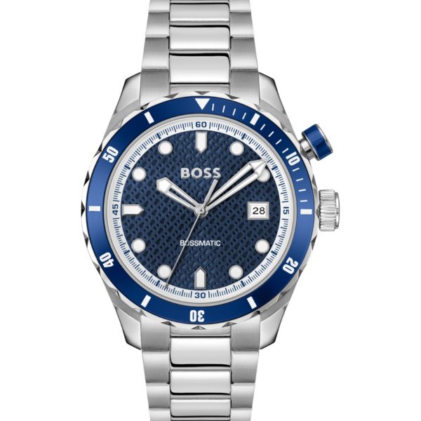 Montre automatique argentée à cadran bleu à la texture monogrammée – Hugo Boss