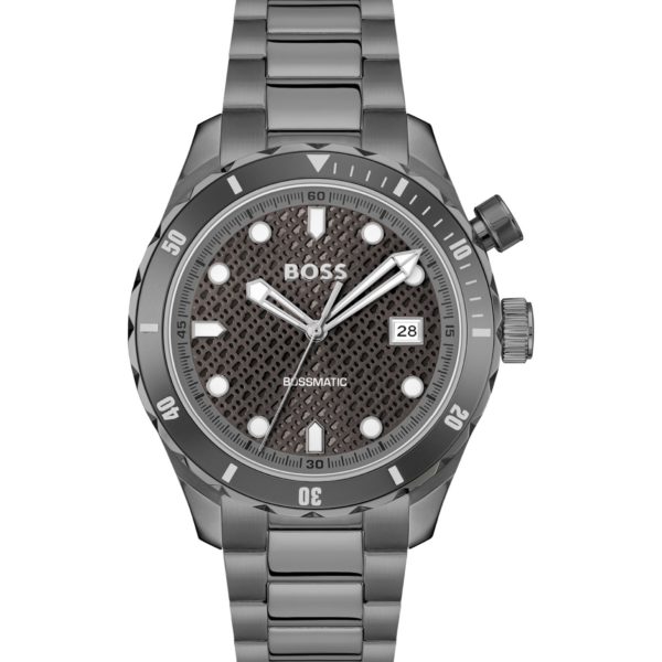 Montre automatique en acier plaqué gris à cadran monogrammé – Hugo Boss