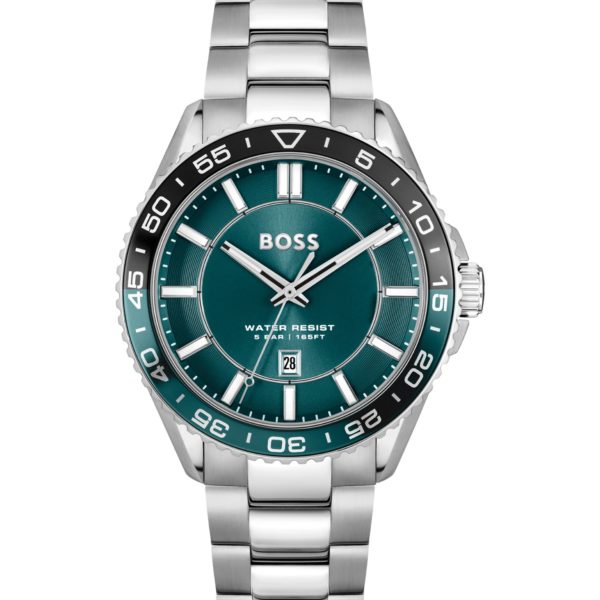 Montre argentée à cadran turquoise et lunette rotative – Hugo Boss