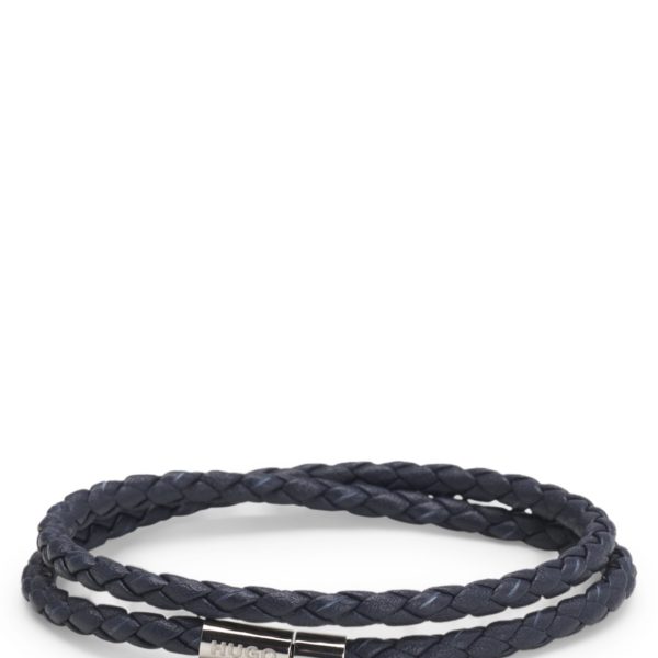 Bracelet double tour en cuir tressé avec fermeture logotée en métal – Hugo Boss