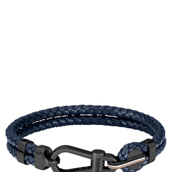 Bracelet en cuir tressé bleu avec fermoir mousqueton noir – Hugo Boss