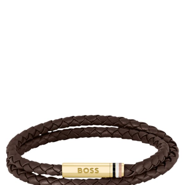 Bracelet en cuir tressé marron avec fermoir logoté – Hugo Boss