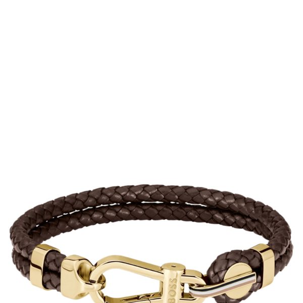 Bracelet en cuir tressé marron avec fermoir mousqueton doré – Hugo Boss