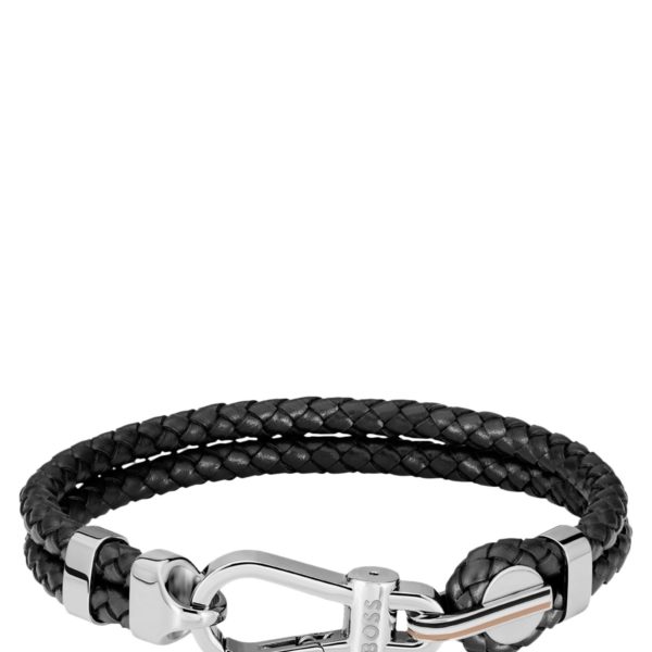 Bracelet en cuir tressé noir avec fermoir mousqueton argenté – Hugo Boss