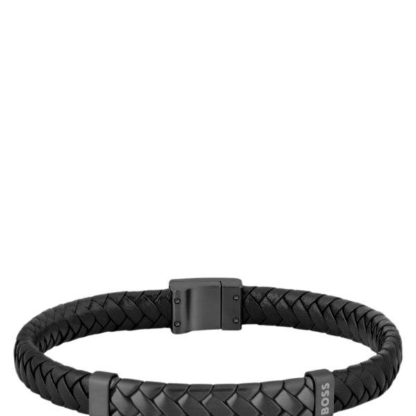 Bracelet en cuir tressé noir avec garniture en métal à chevrons – Hugo Boss