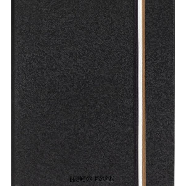 Carnet A5 en similicuir noir avec élastique à rayures emblématiques – Hugo Boss