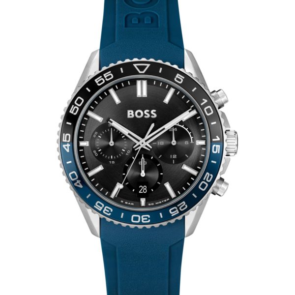 Montre chronographe à cadran noir et bracelet en silicone bleu – Hugo Boss