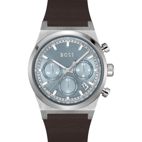 Montre chronographe argentée avec bracelet en cuir marron – Hugo Boss