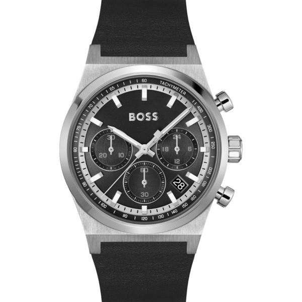 Montre chronographe argentée avec bracelet en cuir noir – Hugo Boss