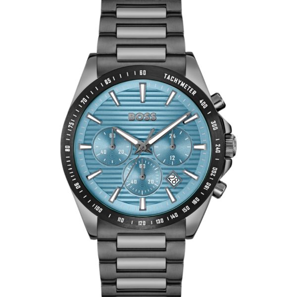 Montre chronographe en acier plaqué gris à cadran bleu rainuré – Hugo Boss