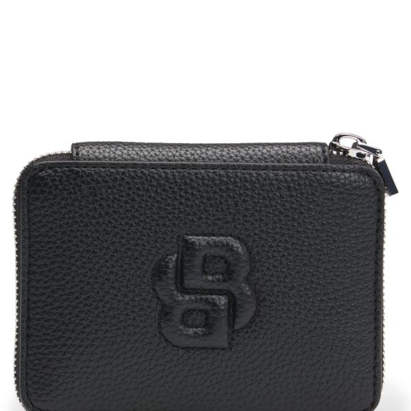 Petit portefeuille grainé à fermeture éclair circulaire et monogramme Double B – Hugo Boss