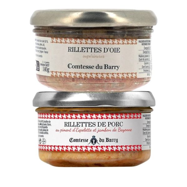 Lot de 2 Rillettes d’oie supérieures & Rillettes de porc au piment d’Espelette et jambon de Bayonne-Comtesse du Barry