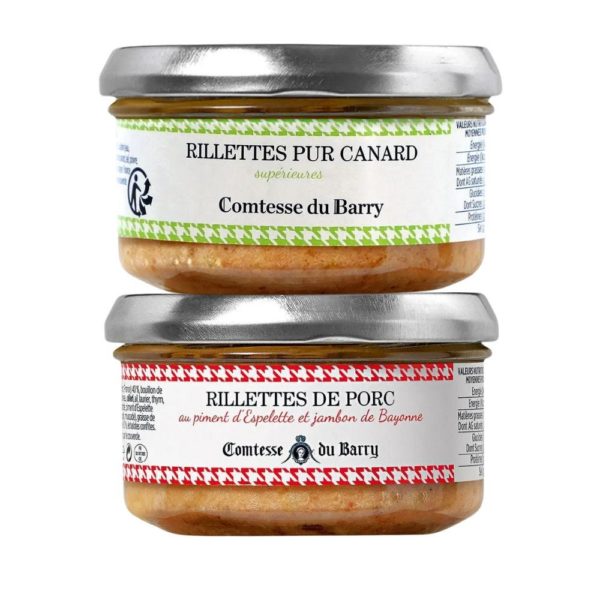 Lot de 2 Rillettes pur canard supérieures & Rillettes de porc au piment d’Espelette et jambon de Bayonne-Comtesse du Barry