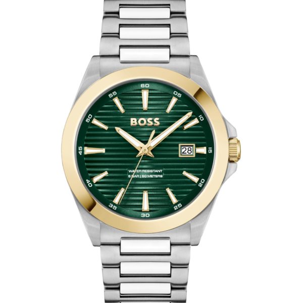 Montre dorée et argentée à cadran rainuré vert – Hugo Boss
