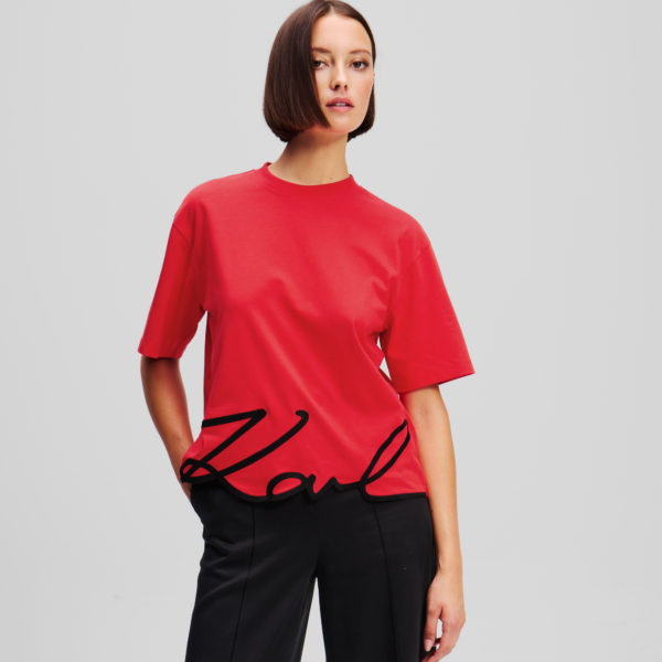 Karl Lagerfeld, T-shirt Ourlet Karl Signature, Femme, Rouge Course, Taille: XXS
