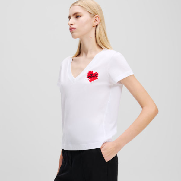 Karl Lagerfeld, T-shirt À Col En V K/heart, Femme, Blanc, Taille: XXXL