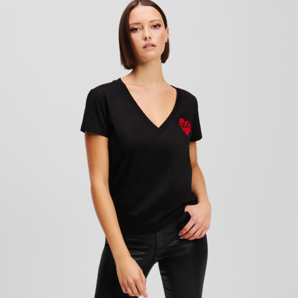 Karl Lagerfeld, T-shirt À Col En V K/heart, Femme, Noir, Taille: XXXL