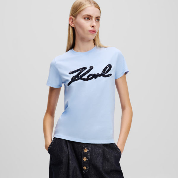 Karl Lagerfeld, T-shirt En Bouclé Karl Signature, Femme, Bleu Kentucky, Taille: XXXL