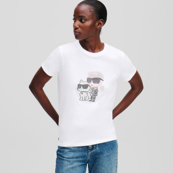 Karl Lagerfeld, T-shirt À Strass Ikon Karl & Choupette, Femme, Blanc, Taille: XXXL