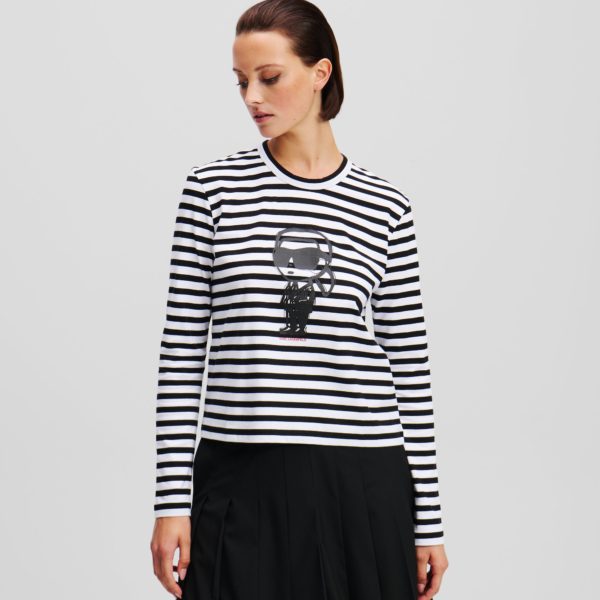 Karl Lagerfeld, T-shirt À Manches Longues Et À Rayures Ikon, Femme, Rayure crème noire-cannelle, Taille: XXXL