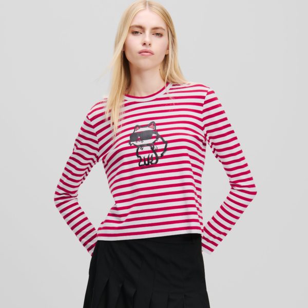 Karl Lagerfeld, T-shirt À Manches Longues Et À Rayures Ikon, Femme, Sage écarlate – Rayure crème, Taille: XXXL