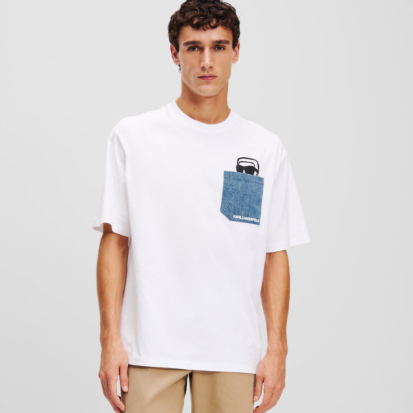 Karl Lagerfeld, T-shirt À Poche En Jean Ikon, Homme, Blanc, Taille: XXXL