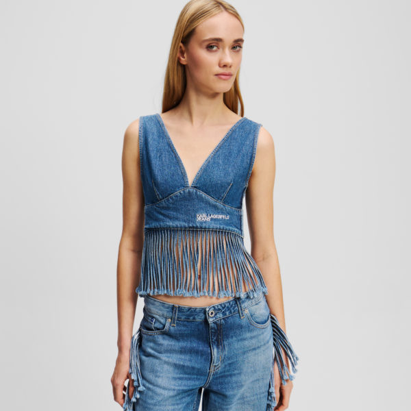 Karl Lagerfeld, Top En Denim Frangé, Femme, Bleu moyen lavé à la pierre, Taille: XXS