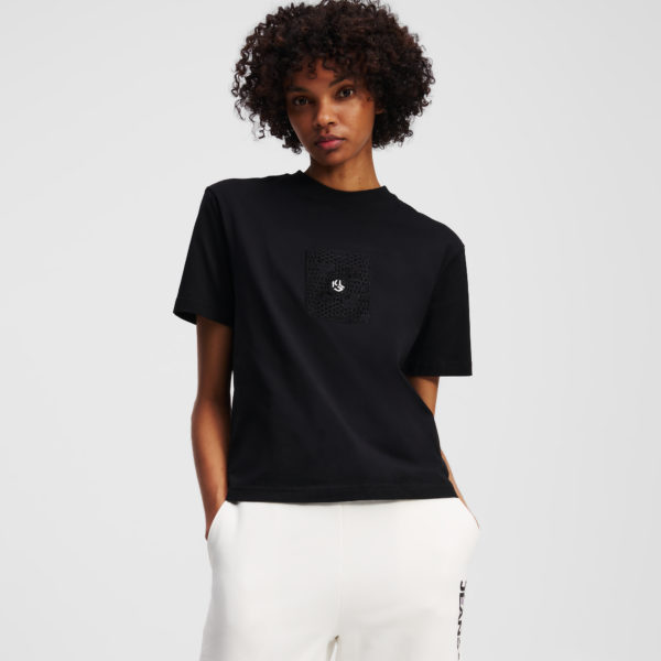 Karl Lagerfeld, T-shirt En Crochet Avec Le Monogramme Klj, Femme, Noir, Taille: XXS