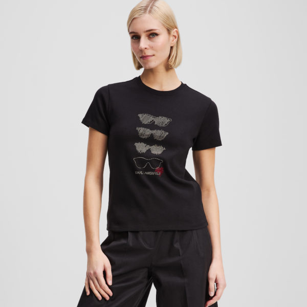 Karl Lagerfeld, T-shirt Avec Motif De Lunettes De Soleil En Strass, Femme, Noir, Taille: XXXL