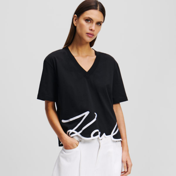 Karl Lagerfeld, T-shirt Col En V Karl Signature, Femme, Noir, Taille: XXS