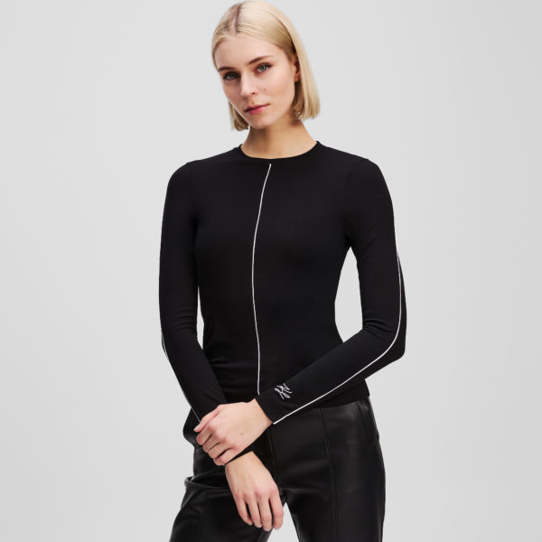 Karl Lagerfeld, Contrast Piping Long-sleeved Top, Femme, Noir, Taille: XXS