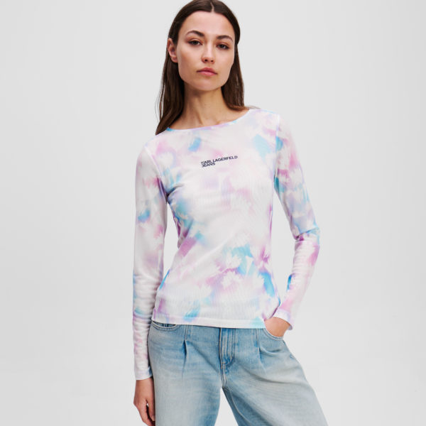 Karl Lagerfeld, T-shirt En Maille Avec Imprimé Floral, Femme, Impression Florale Blanche sur Toute la Surface, Taille: XXS