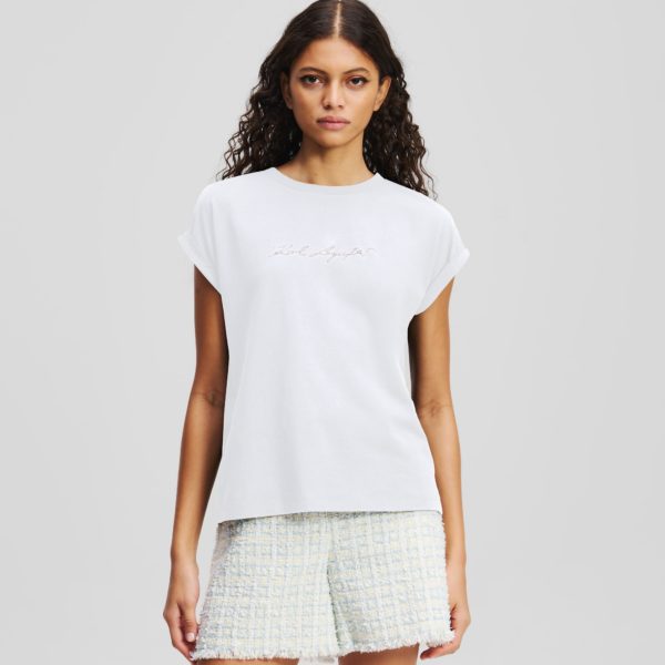 Karl Lagerfeld, T-shirt À Strass Karl Signature, Femme, Blanc, Taille: XXXL
