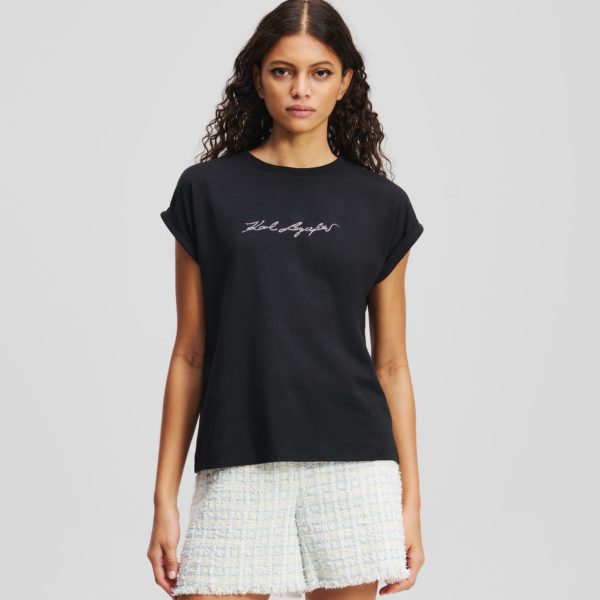 Karl Lagerfeld, T-shirt À Strass Karl Signature, Femme, Noir, Taille: XXXL
