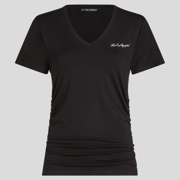 Karl Lagerfeld, T-shirt Froncé À Col V Karl Signature, Femme, Noir, Taille: XXXL