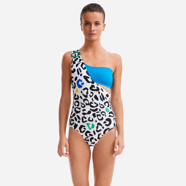 Vilebrequin Women Asymmetrical One Piece Swimsuit Leopard Bandeau – Limited Edition – Swimming Trunk – Celesta – White – Size S