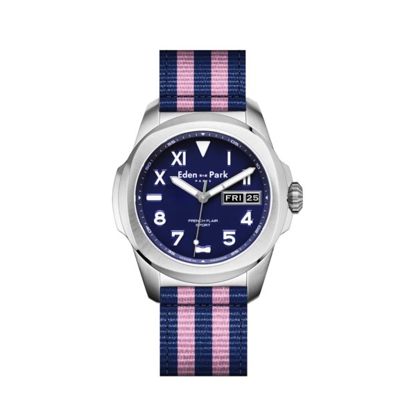 Montre À Quartz Indicateur Date Fond Bleu Bracelet Nato Rayé Eden Park