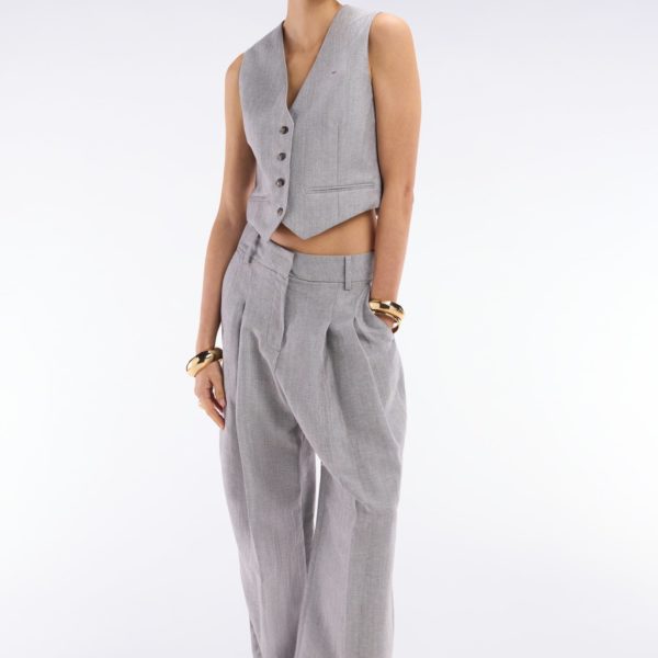 Pantalon Chevron À Plis En Laine Et Lin Gris Eden Park