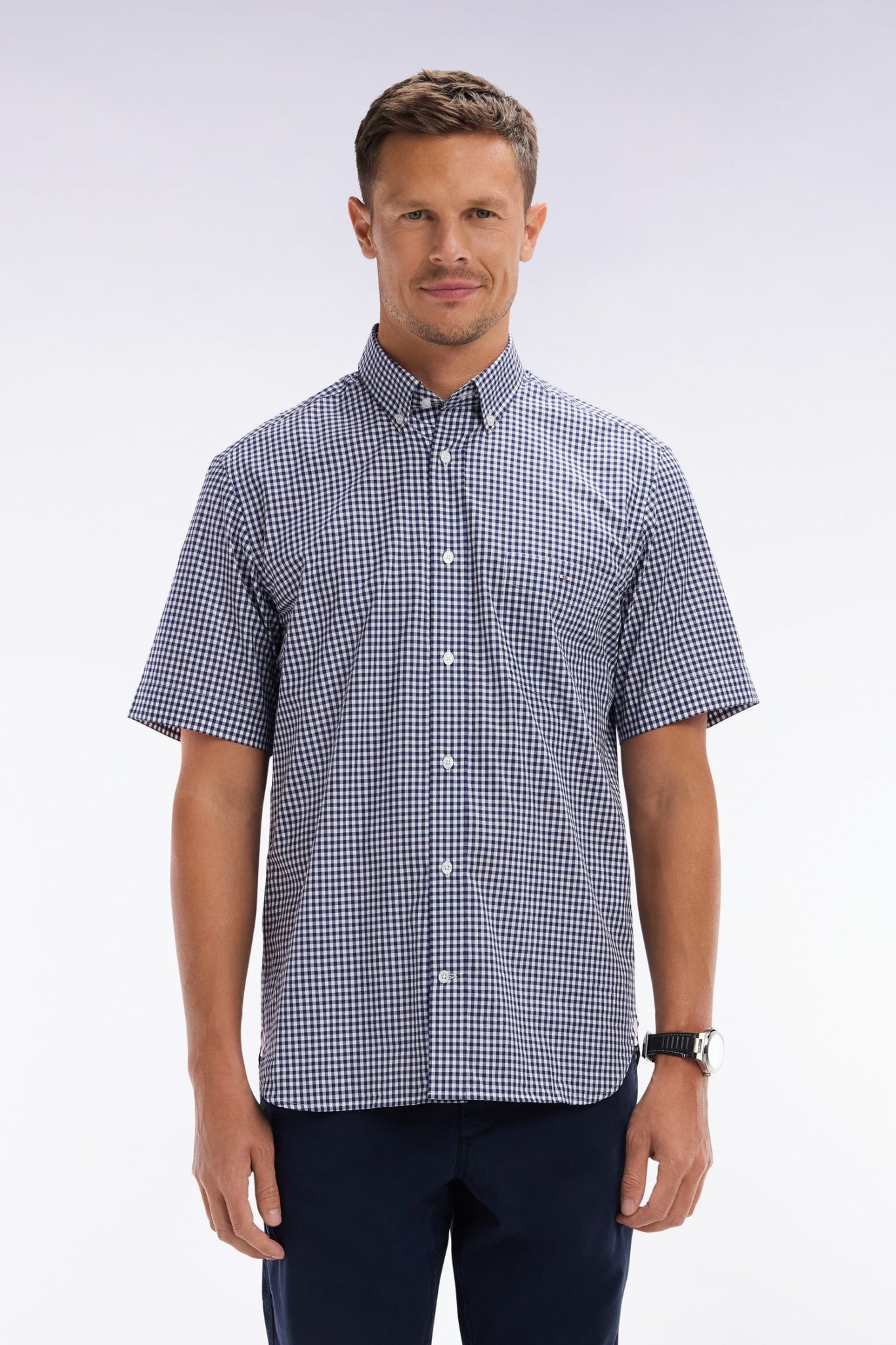 Chemise À Manches Courtes Vichy En Coton Bleu Foncé Coupe Droite